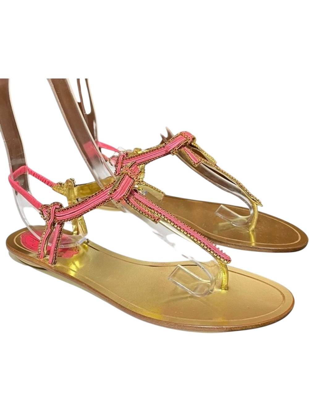 Rene Caovilla Gold & Pink Bow-Embellished Sandals - Picture 3 of 7